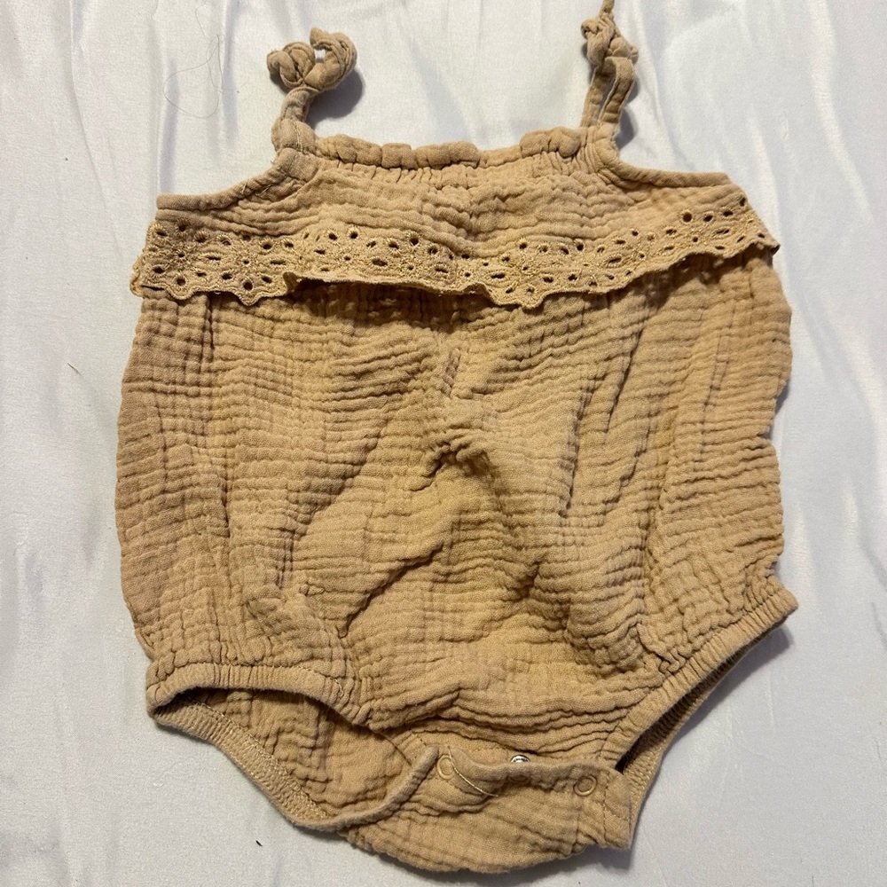 Tan Baby Romper with Eyelet Detail